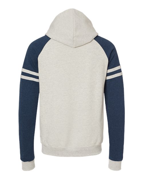 Unisex Nublend® Varsity Colorblocked Raglan Hooded Sweatshirt - Oatmeal Heather/ Indigo Heather Back
