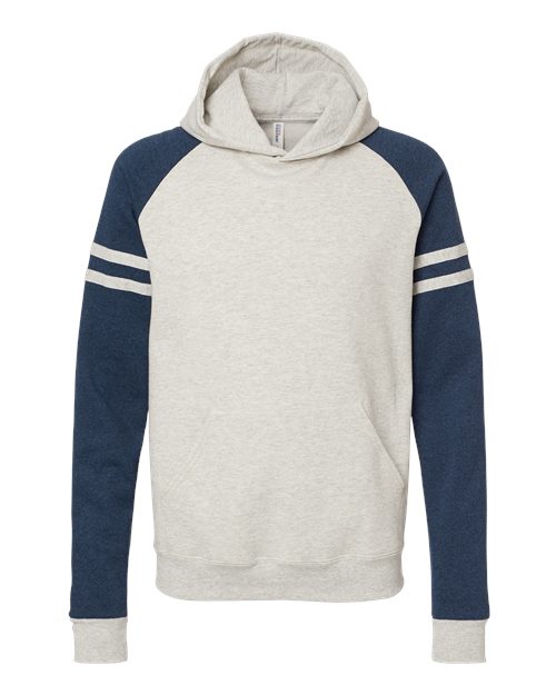 Unisex Nublend® Varsity Colorblocked Raglan Hooded Sweatshirt - Oatmeal Heather/ Indigo Heather Front