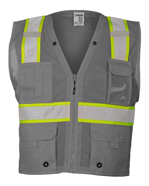 Unisex EV Series® Enhanced Visibility Multi-Pocket Mesh Vest - Grey/ Lime - B111 Front
