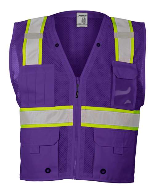 Unisex EV Series® Enhanced Visibility Multi-Pocket Mesh Vest - Purple/ Lime - B109 Front