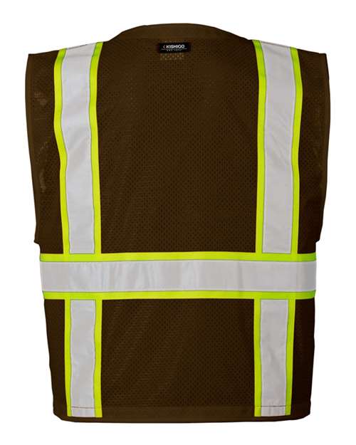 Unisex EV Series® Enhanced Visibility Multi-Pocket Mesh Vest - Brown/ Lime - B108 Back