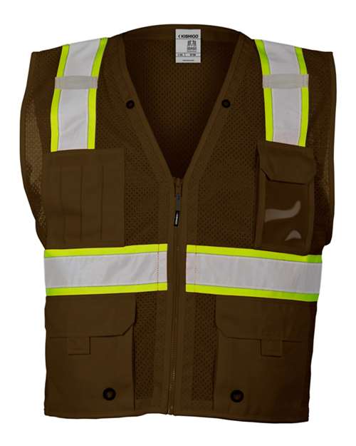 Unisex EV Series® Enhanced Visibility Multi-Pocket Mesh Vest - Brown/ Lime - B108 Front