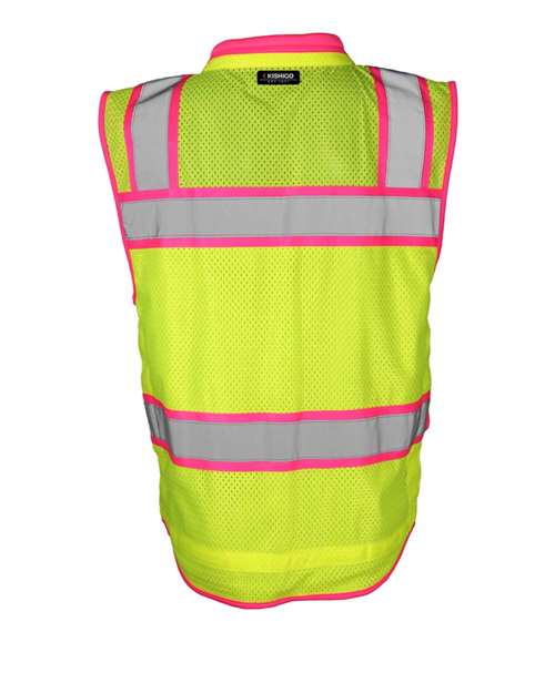 Men's Color Contrast High Performance Surveyors Vest - Lime/ Pink - S5046 Back