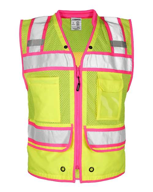 Men's Color Contrast High Performance Surveyors Vest - Lime/ Pink - S5046 Front