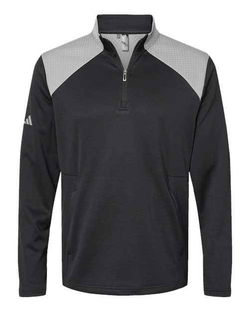 Men's Textured Mixed Media Quarter-Zip Pullover - Black/ Grey Three Front