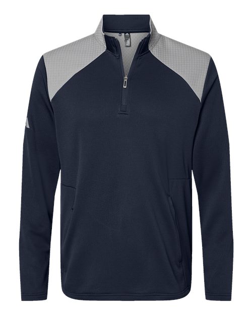 Men's Textured Mixed Media Quarter-Zip Pullover - Collegiate Navy/ Grey Three Front