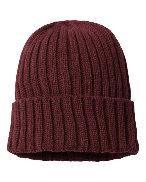 Sustainable Cable Knit Cuffed Beanie - Burgundy Front