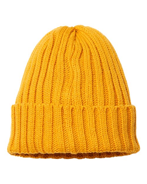 Sustainable Cable Knit Cuffed Beanie - Mustard Yellow Front