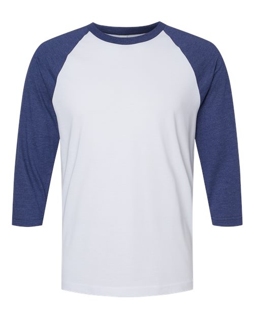 Unisex CVC Three-Quarter Sleeve Tee - White/ Heather Indigo Front