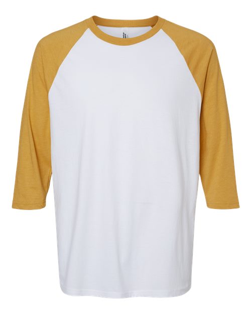 Unisex CVC Three-Quarter Sleeve Tee - White/ Heather Mustard Front