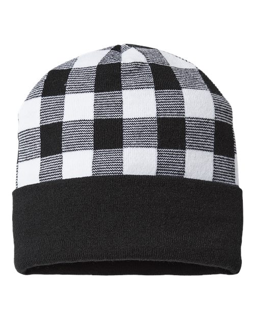 USA-Made Plaid Beanie - White/ Black Front