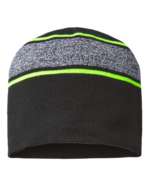 USA-Made Variegated Striped Beanie - Black/ Neon Yellow Front