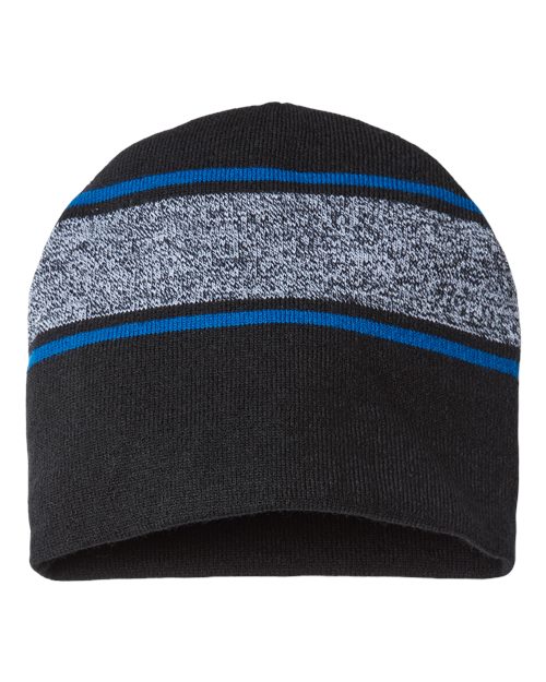 USA-Made Variegated Striped Beanie - Black/ True Royal Front