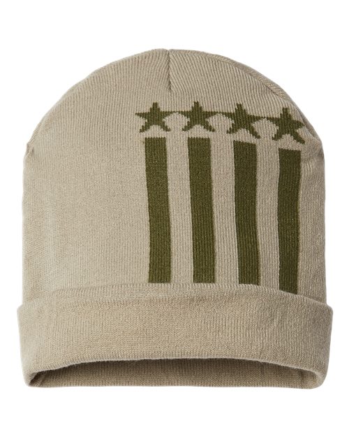 USA-Made Patriotic Cuffed Beanie - Khaki/ Olive Stars Front
