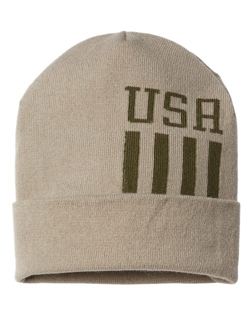 USA-Made Patriotic Cuffed Beanie - Khaki/ Olive USA Front
