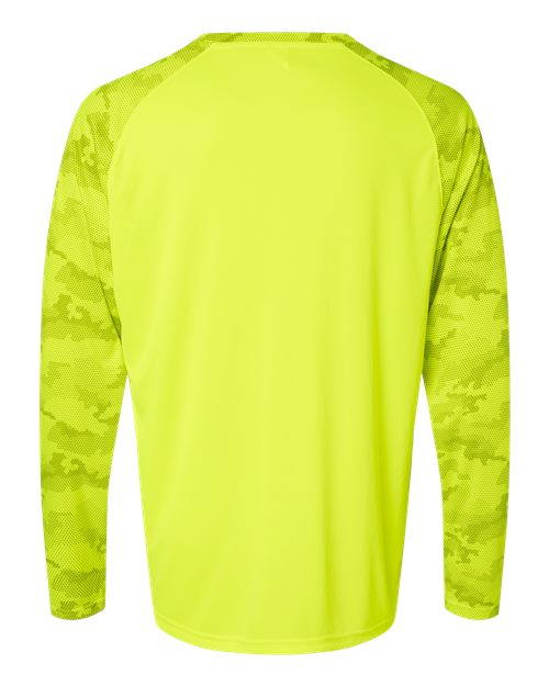 Unisex Cayman Performance Camo Colorblocked Long Sleeve T-Shirt - Safety Green Back