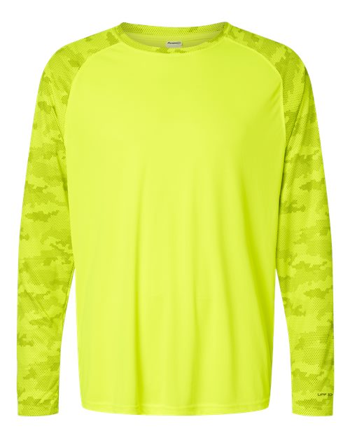 Unisex Cayman Performance Camo Colorblocked Long Sleeve T-Shirt - Safety Green Front