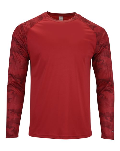 Unisex Cayman Performance Camo Colorblocked Long Sleeve T-Shirt - Red Front