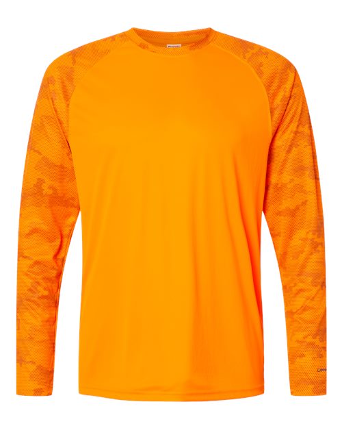 Unisex Cayman Performance Camo Colorblocked Long Sleeve T-Shirt - Neon Orange Front